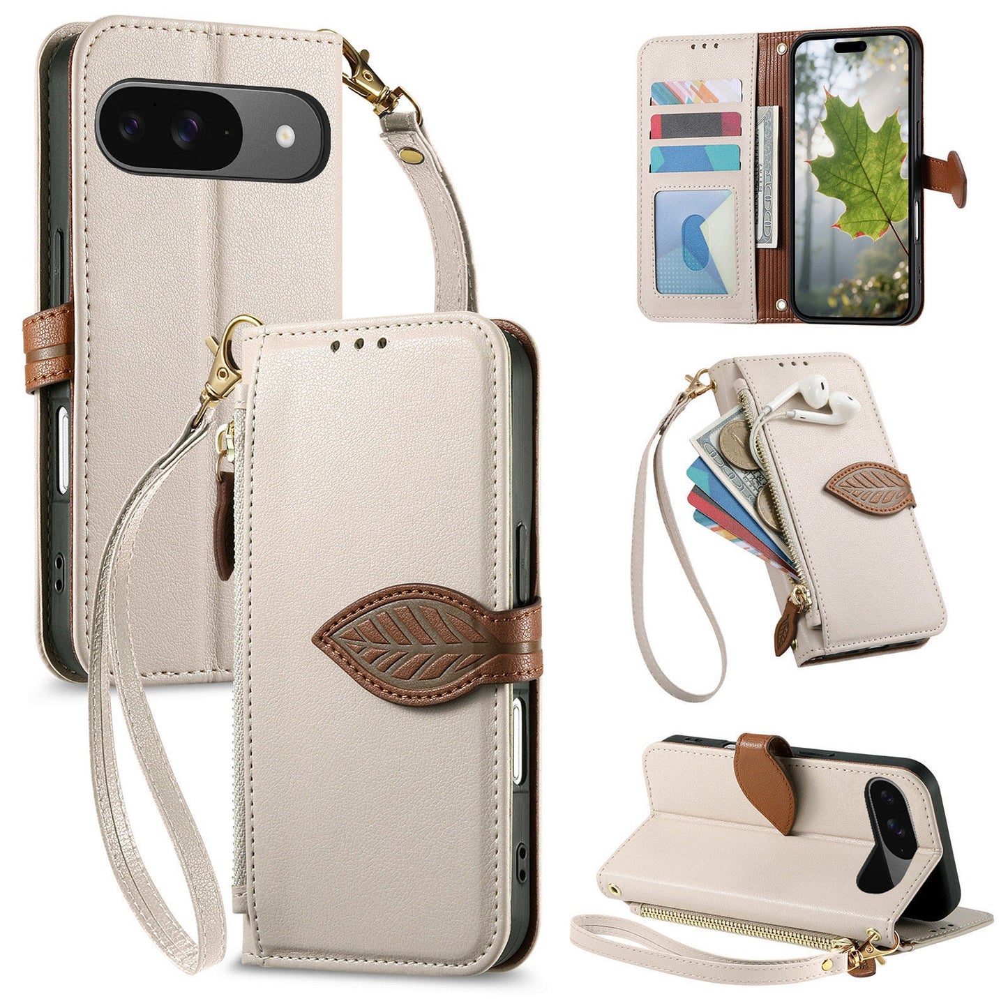 Leather Flip Phone Case with Leaf Design, Wrist Strap and Zipper Closure for Google pixel 7