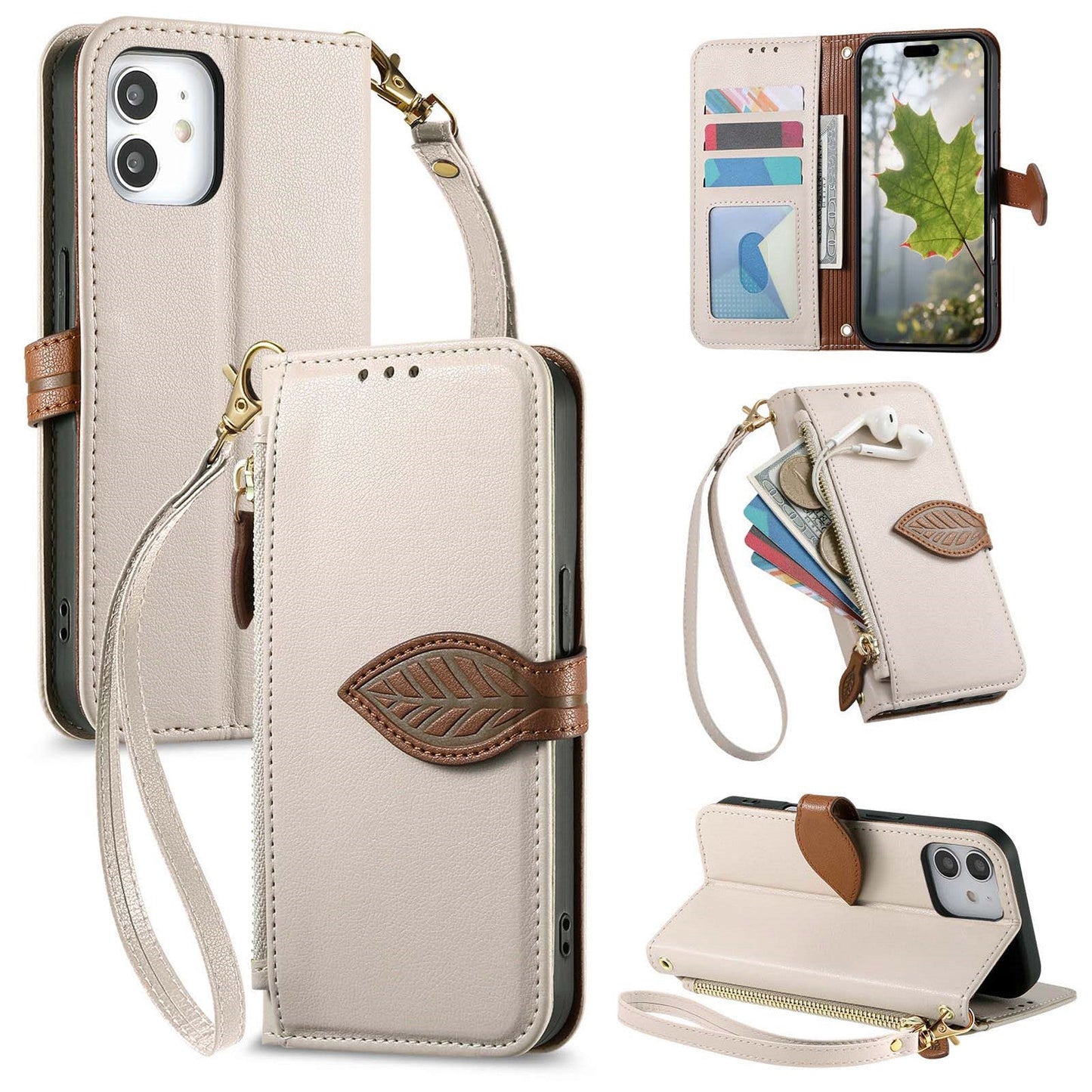 Leather Flip Phone Case with Leaf Design, Wrist Strap and Zipper Closure for iPhone 12