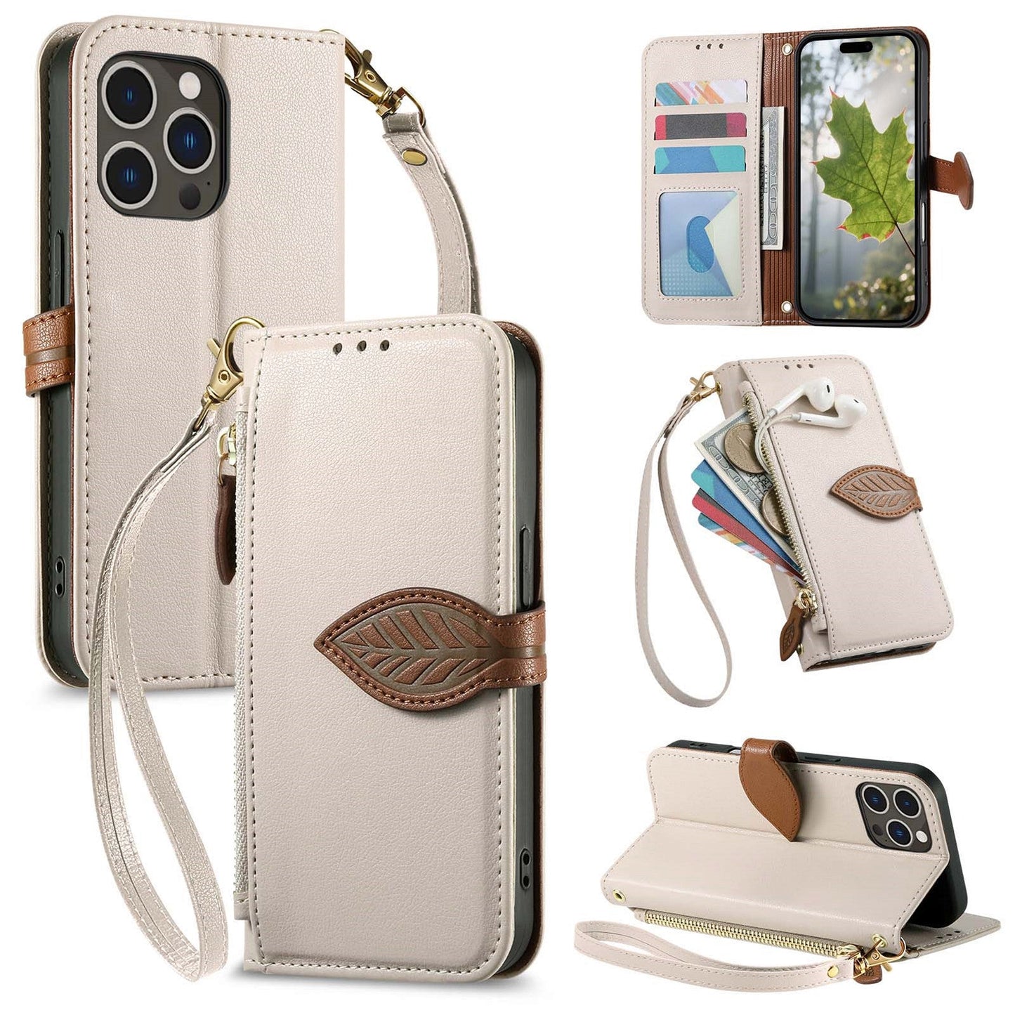 Leather Flip Phone Case with Leaf Design, Wrist Strap and Zipper Closure for iPhone 15 Pro Max
