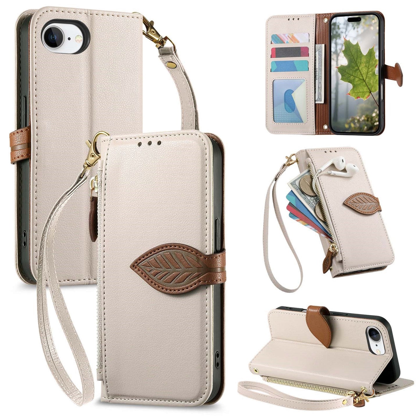 Leather Flip Phone Case with Leaf Design, Wrist Strap and Zipper Closure for iPhone 16e