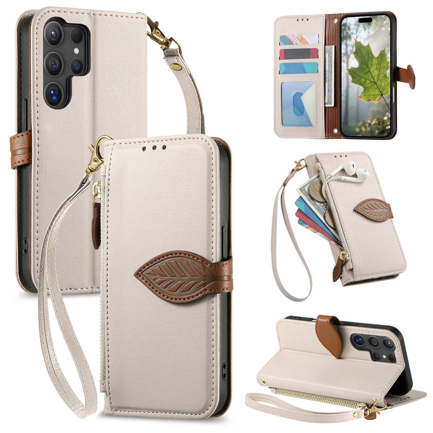 Leather Flip Phone Case with Leaf Design, Wrist Strap and Zipper Closure for Samsung Galaxy S23 Ultra