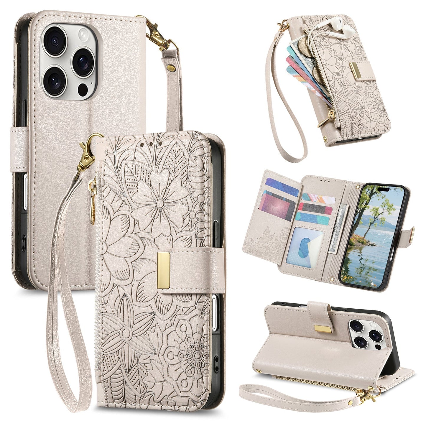 Embossed Floral & Leaf Zipper Wallet Phone Case for iPhone 11 Pro