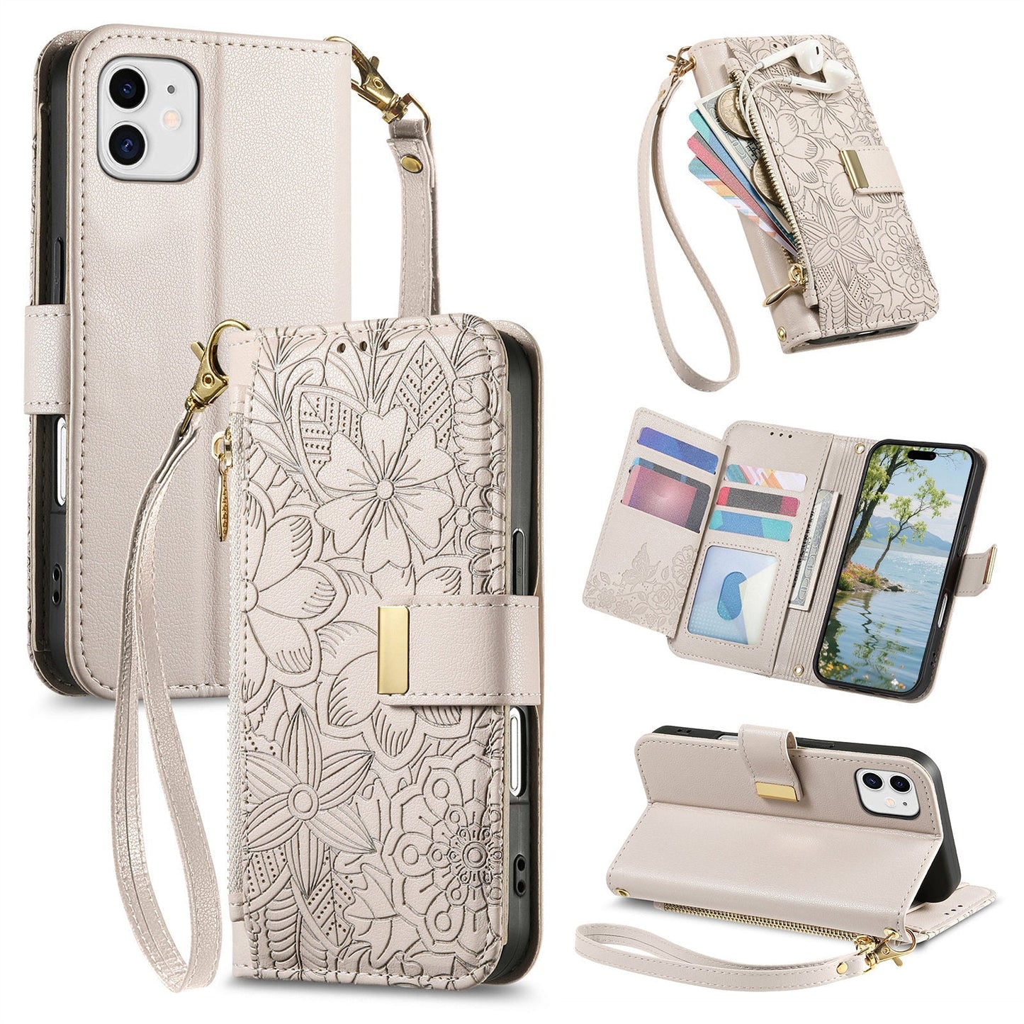 Embossed Floral & Leaf Zipper Wallet Phone Case for iPhone 12