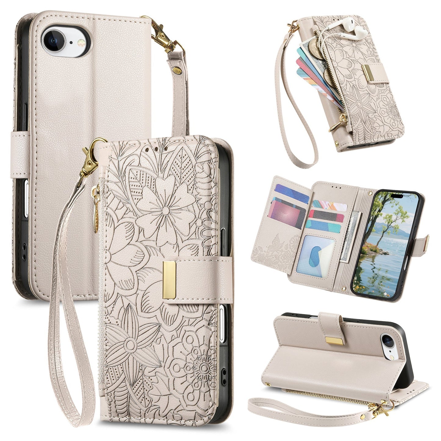 Embossed Floral & Leaf Zipper Wallet Phone Case for iPhone 16e