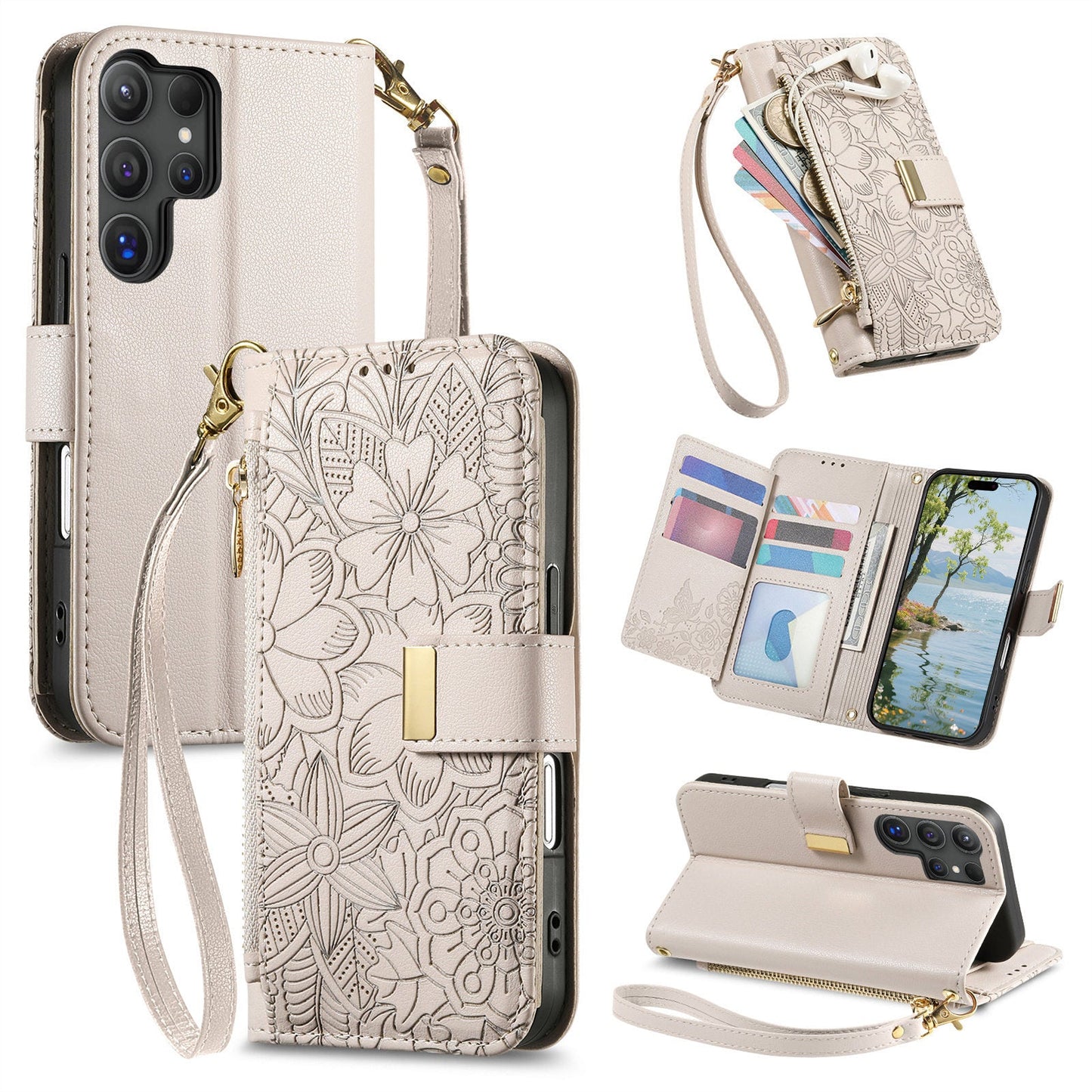 Embossed Floral & Leaf Zipper Wallet Phone Case for Samsung Galaxy S21 Ultra