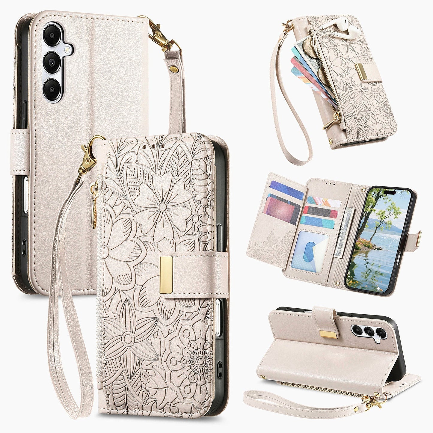 Embossed Floral & Leaf Zipper Wallet Phone Case for Samsung Galaxy S24 FE