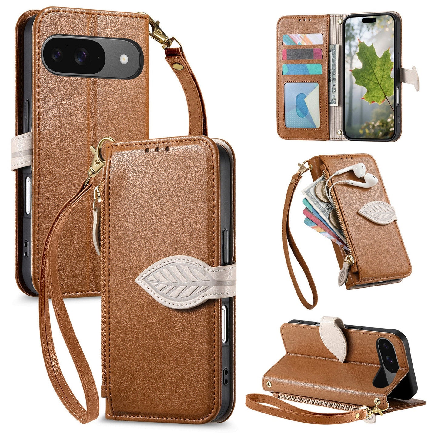 Leather Flip Phone Case with Leaf Design, Wrist Strap and Zipper Closure for Google pixel 7