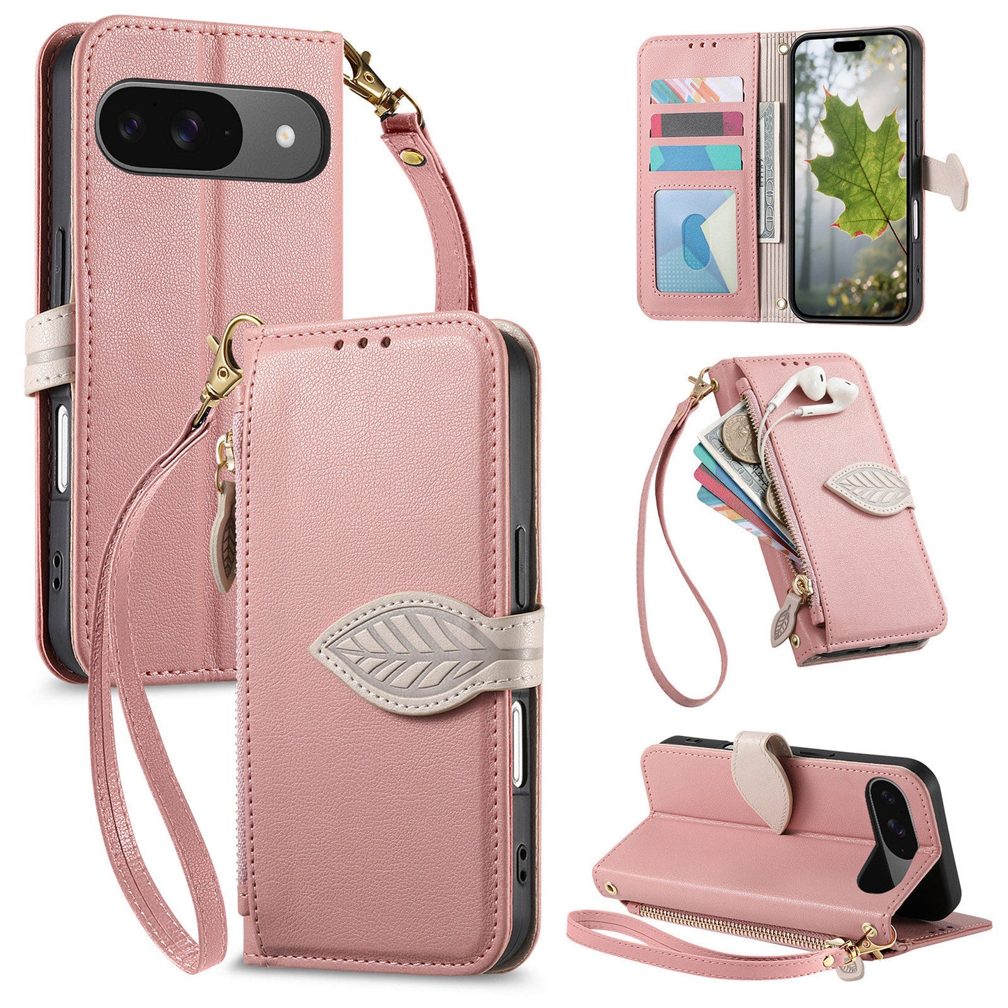 Leather Flip Phone Case with Leaf Design, Wrist Strap and Zipper Closure for Google Pixel 9 Pro XL