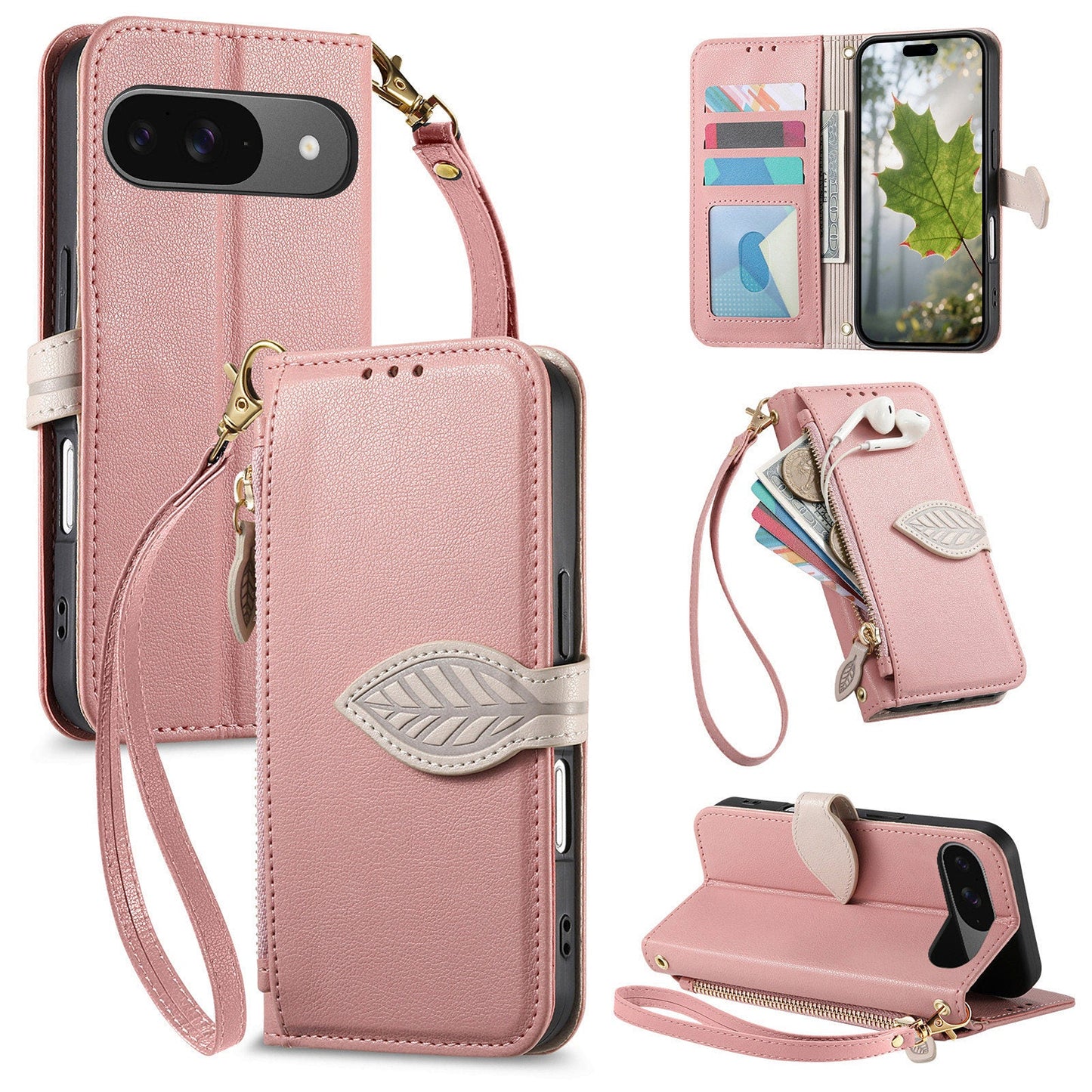 Leather Flip Phone Case with Leaf Design, Wrist Strap and Zipper Closure for Google Pixel 8