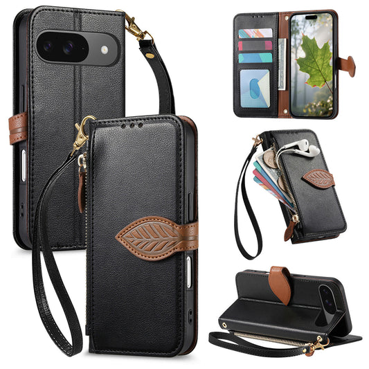 Leather Flip Phone Case with Leaf Design, Wrist Strap and Zipper Closure for Google Pixel 9 Pro XL
