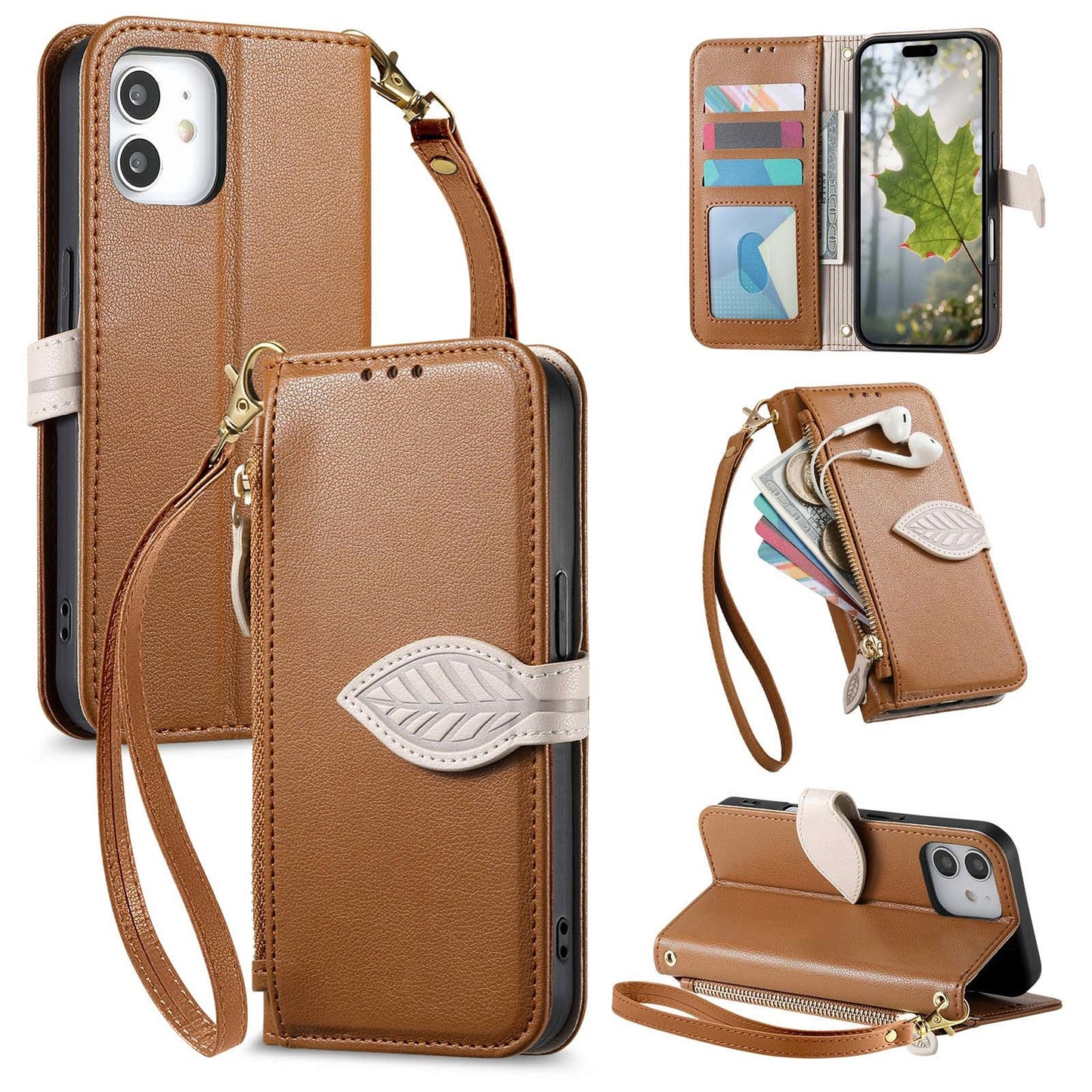 Leather Flip Phone Case with Leaf Design, Wrist Strap and Zipper Closure for iPhone 12