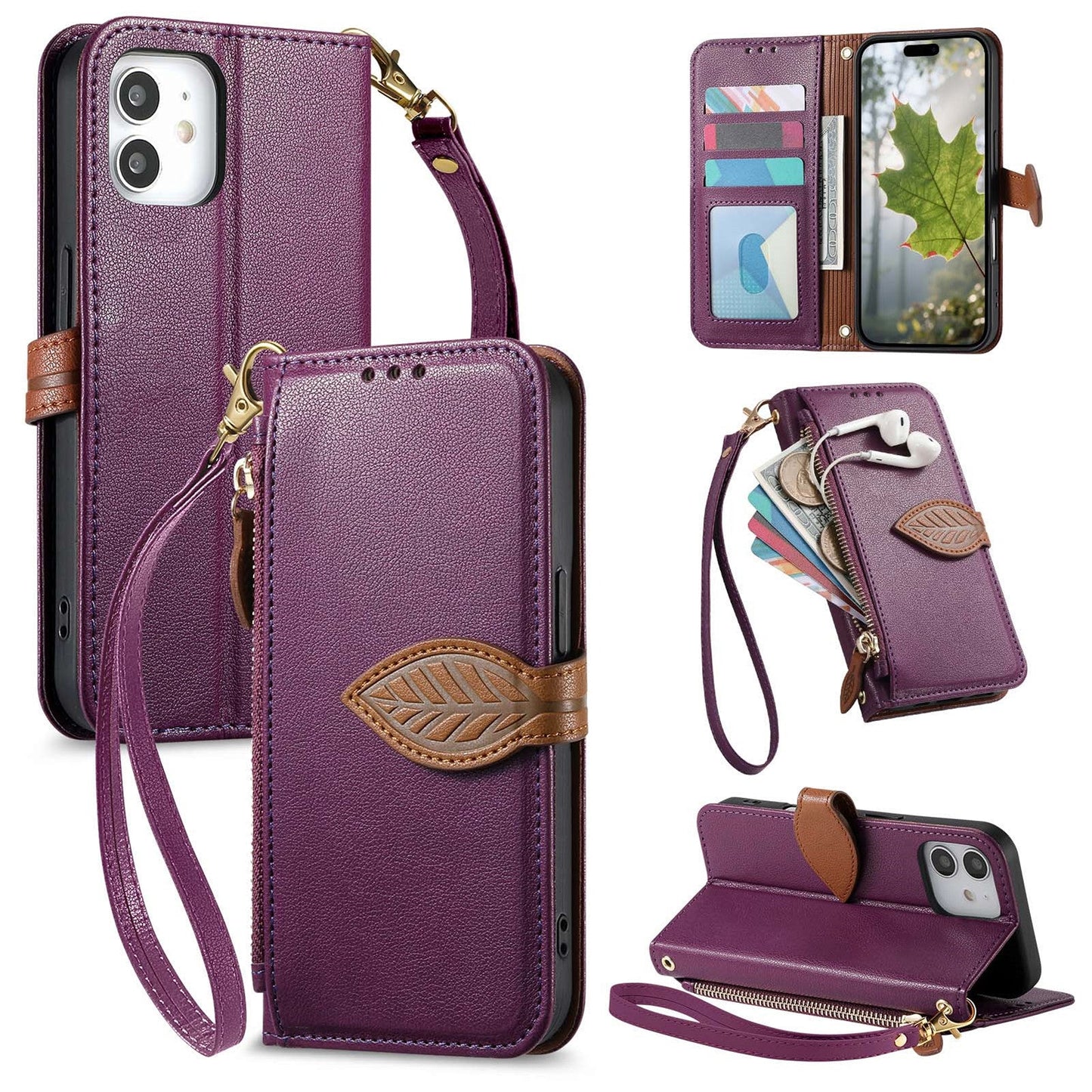 Leather Flip Phone Case with Leaf Design, Wrist Strap and Zipper Closure for iPhone 12