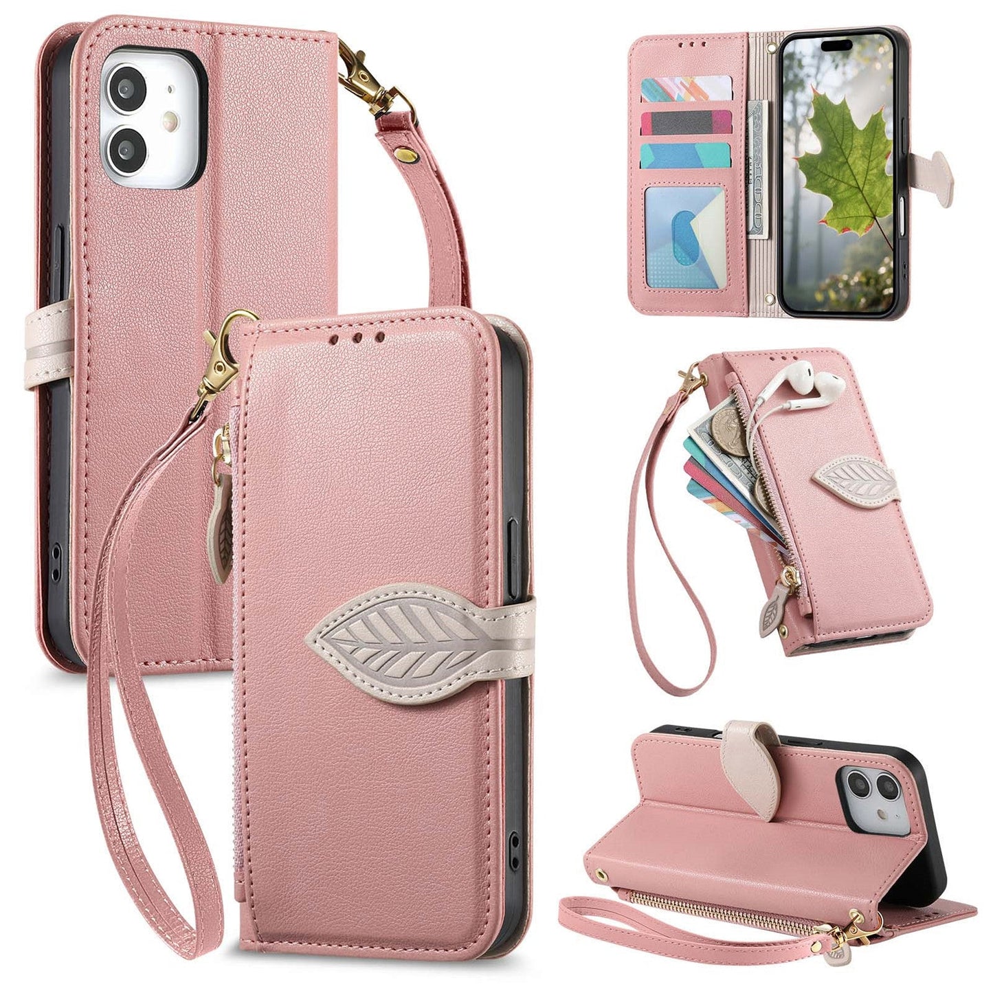 Leather Flip Phone Case with Leaf Design, Wrist Strap and Zipper Closure for iPhone 12 Mini