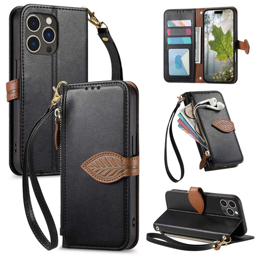 Leather Flip Phone Case with Leaf Design, Wrist Strap and Zipper Closure for iPhone 15 Pro Max