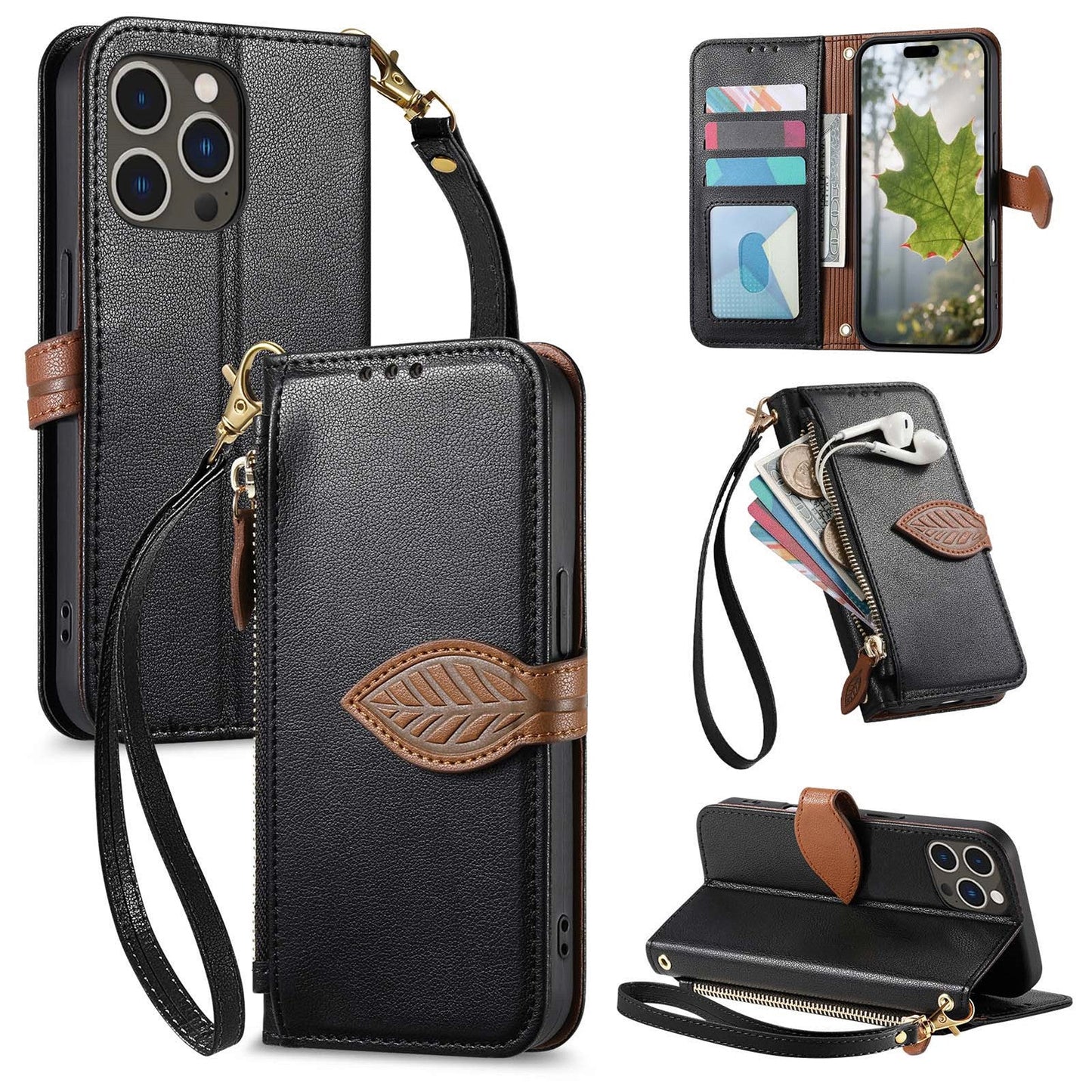Leather Flip Phone Case with Leaf Design, Wrist Strap and Zipper Closure for iPhone 13 Pro