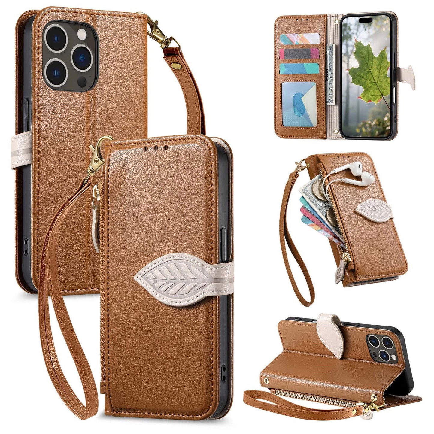 Leather Flip Phone Case with Leaf Design, Wrist Strap and Zipper Closure for iPhone 15 Pro Max