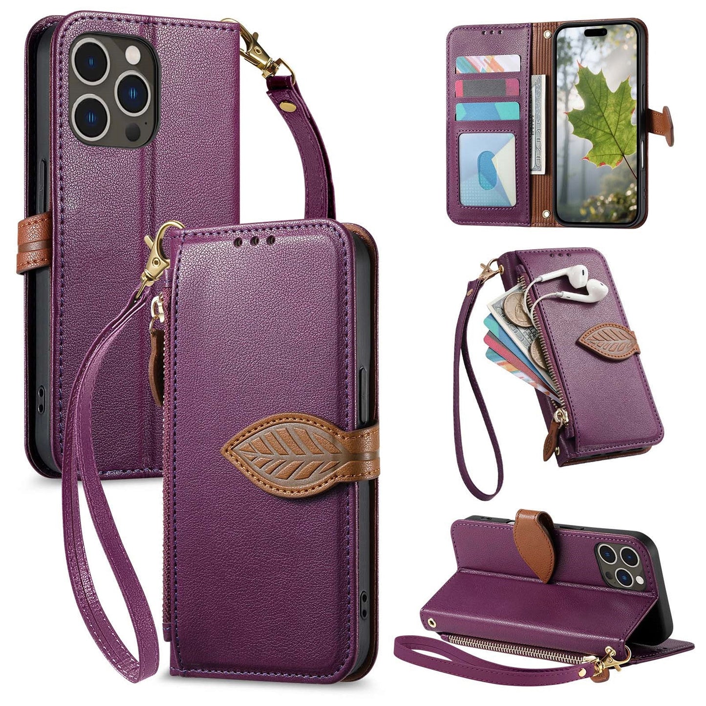 Leather Flip Phone Case with Leaf Design, Wrist Strap and Zipper Closure for iPhone 13 Pro