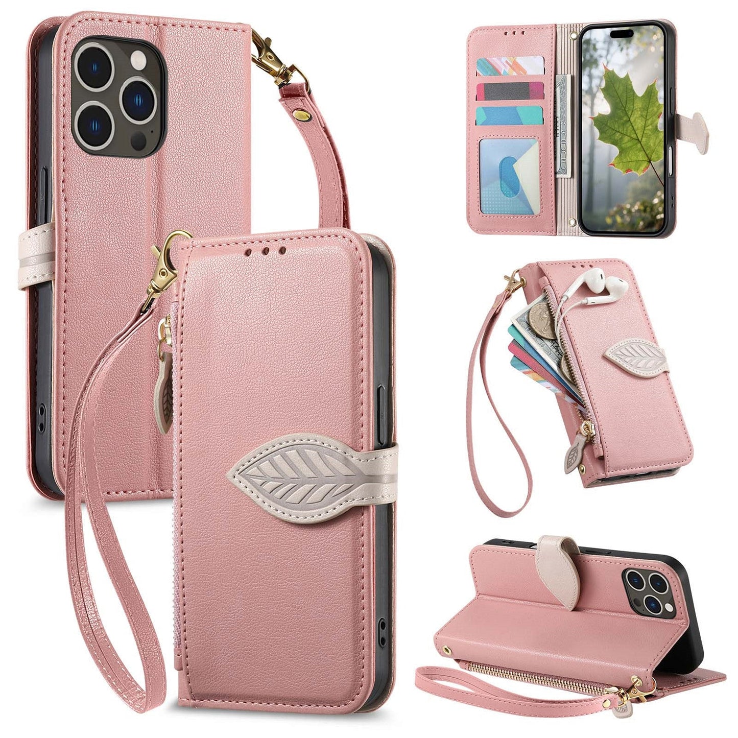 Leather Flip Phone Case with Leaf Design, Wrist Strap and Zipper Closure for iPhone 13 Pro Max