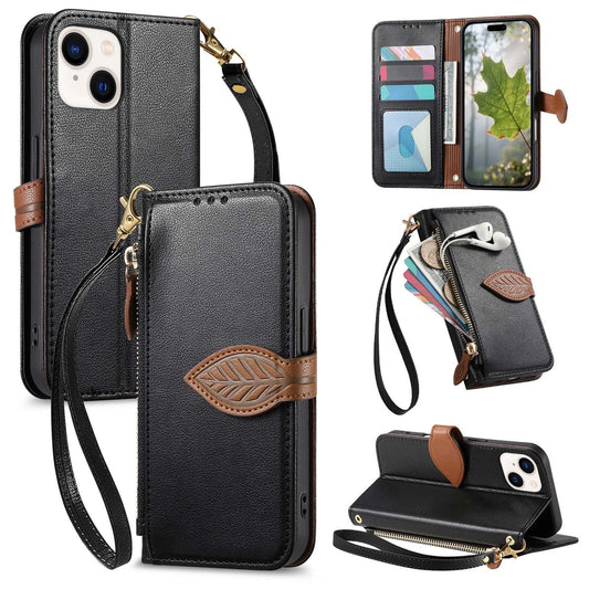 Leather Flip Phone Case with Leaf Design, Wrist Strap and Zipper Closure for iPhone 13