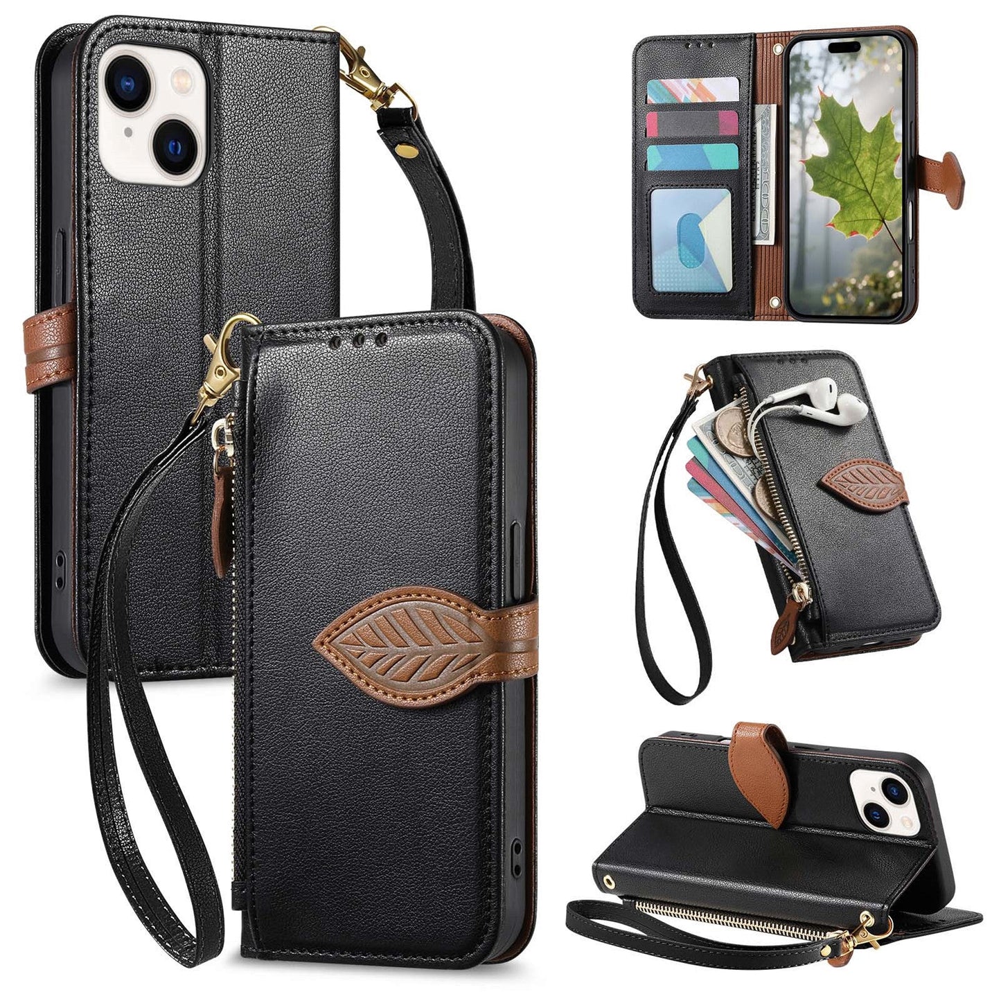 Leather Flip Phone Case with Leaf Design, Wrist Strap and Zipper Closure for iPhone 13 Mini