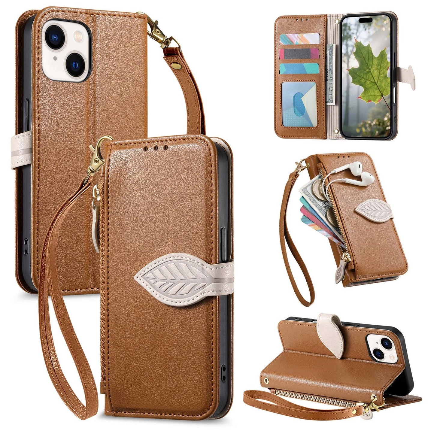 Leather Flip Phone Case with Leaf Design, Wrist Strap and Zipper Closure for iPhone 15 Plus