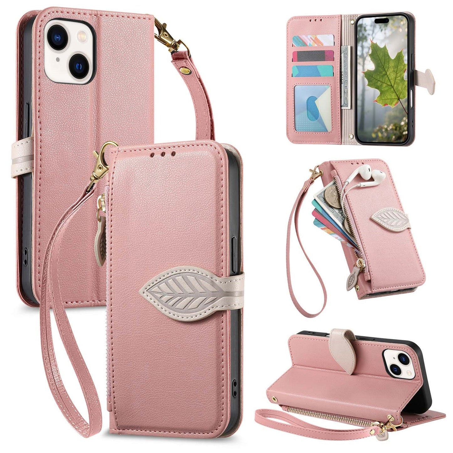 Leather Flip Phone Case with Leaf Design, Wrist Strap and Zipper Closure for iPhone 13 Mini