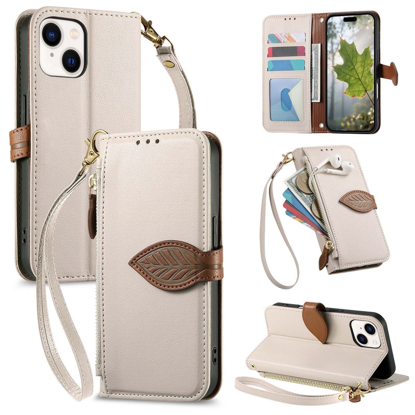 Leather Flip Phone Case with Leaf Design, Wrist Strap and Zipper Closure for iPhone 13
