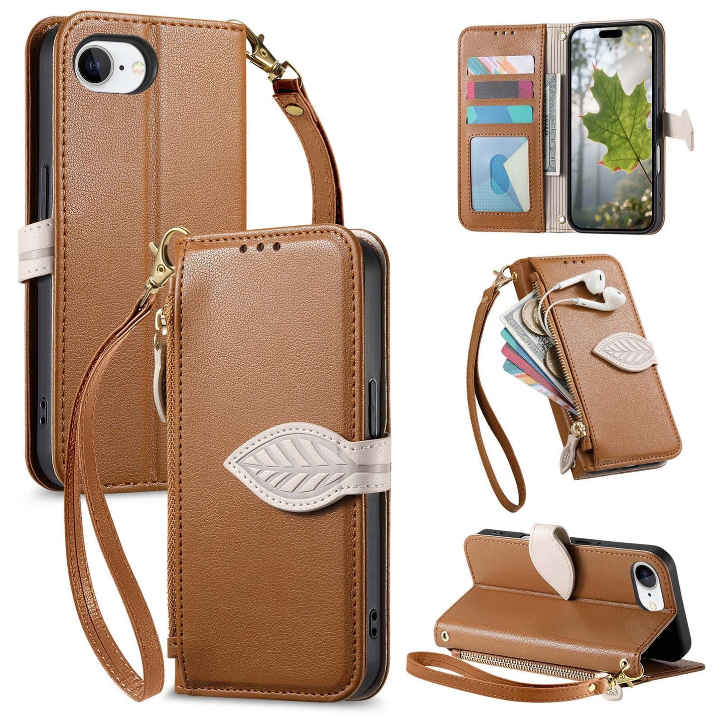 Leather Flip Phone Case with Leaf Design, Wrist Strap and Zipper Closure for iPhone 16e