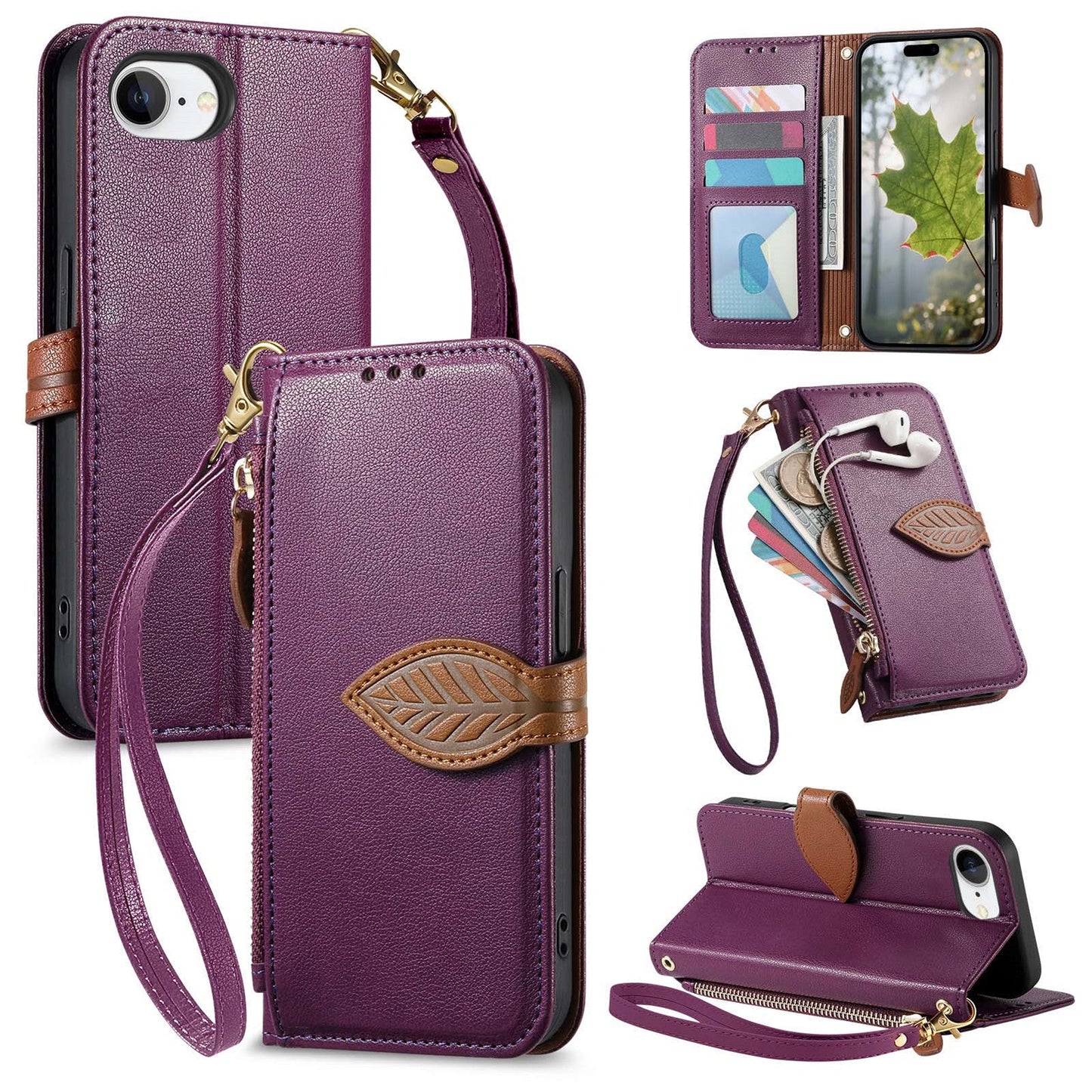 Leather Flip Phone Case with Leaf Design, Wrist Strap and Zipper Closure for iPhone 16e