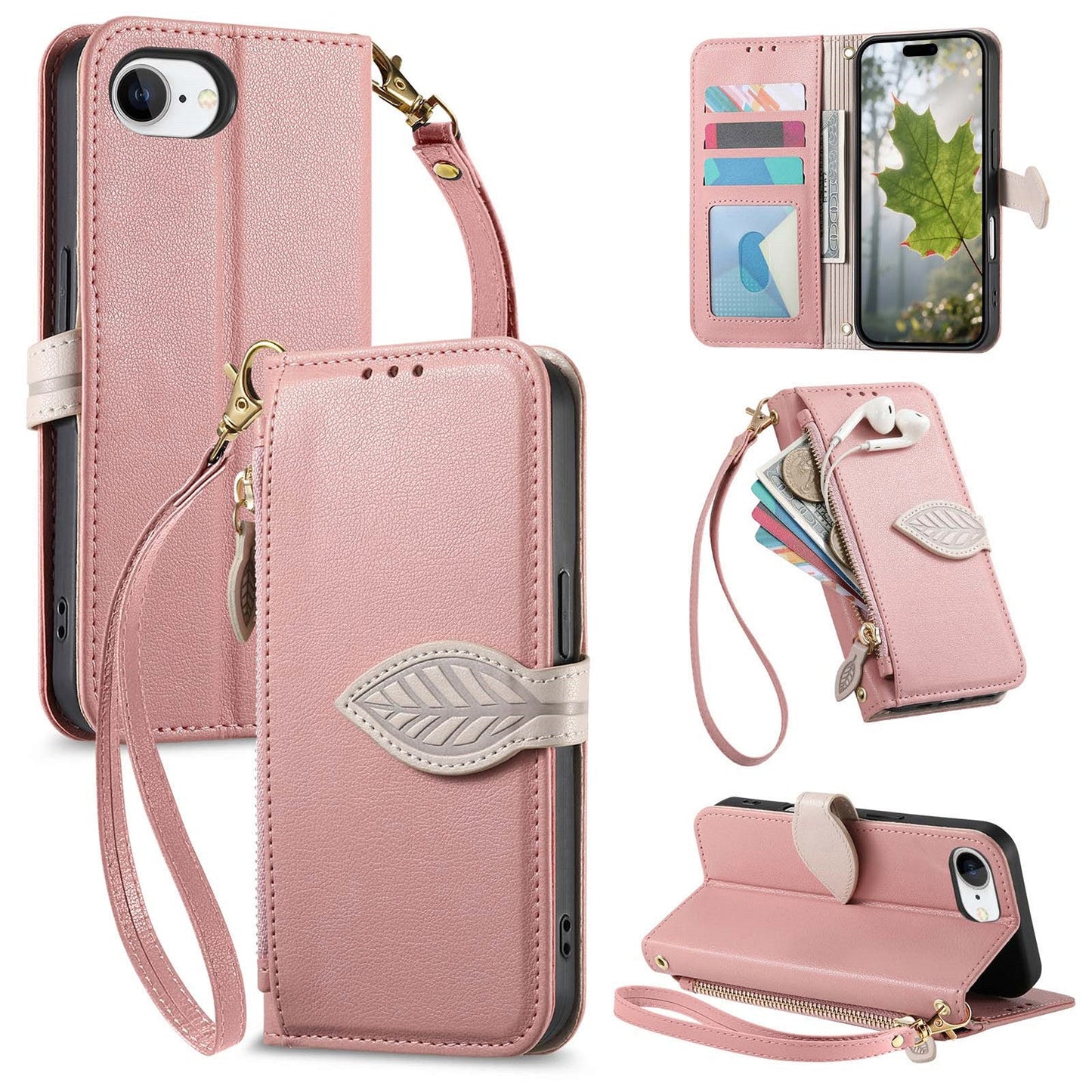 Leather Flip Phone Case with Leaf Design, Wrist Strap and Zipper Closure for iPhone 16e