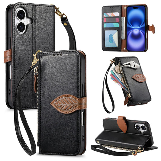 Leather Flip Phone Case with Leaf Design, Wrist Strap and Zipper Closure for iPhone 16 Plus
