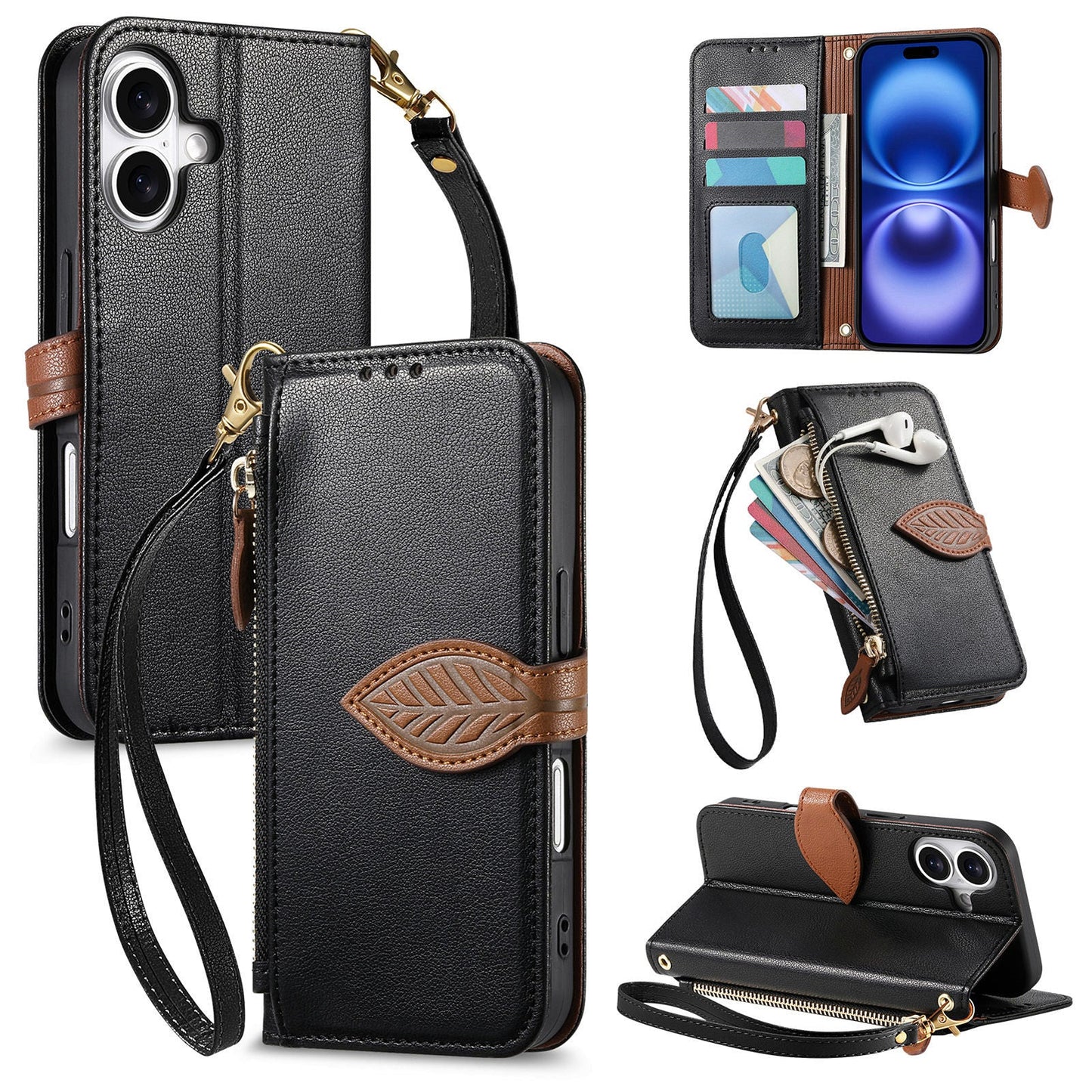 Leather Flip Phone Case with Leaf Design, Wrist Strap and Zipper Closure for iPhone 16