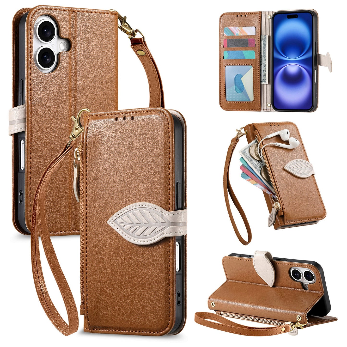 Leather Flip Phone Case with Leaf Design, Wrist Strap and Zipper Closure for iPhone 16 Plus
