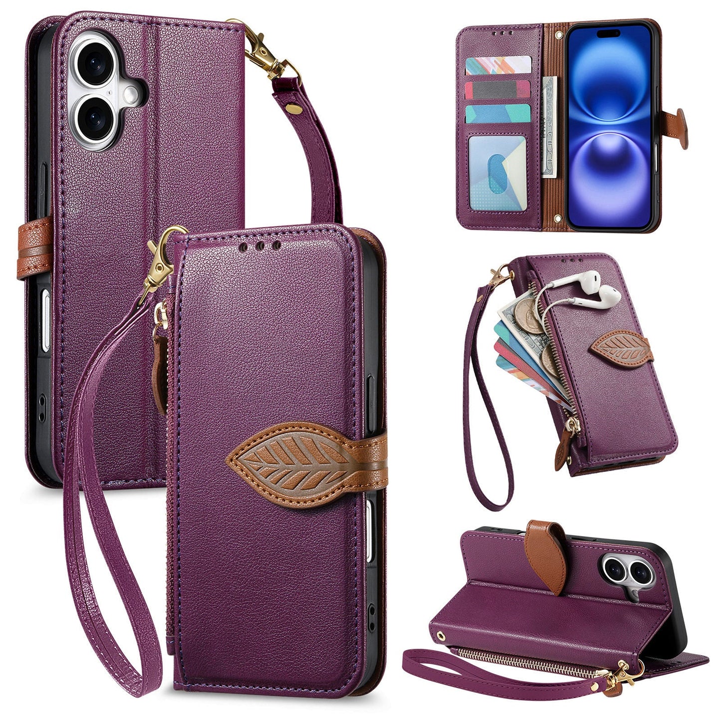 Leather Flip Phone Case with Leaf Design, Wrist Strap and Zipper Closure for iPhone 17