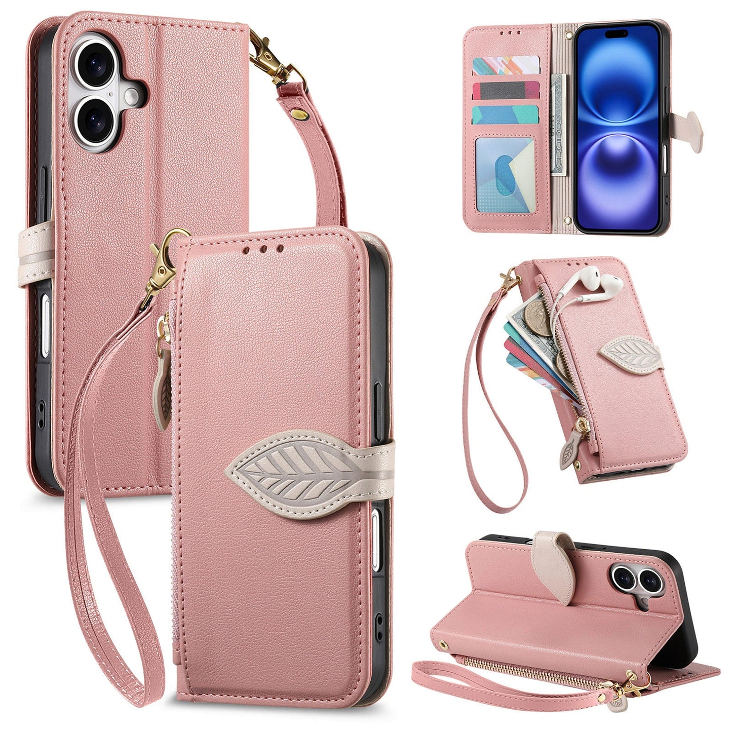Leather Flip Phone Case with Leaf Design, Wrist Strap and Zipper Closure for iPhone 17