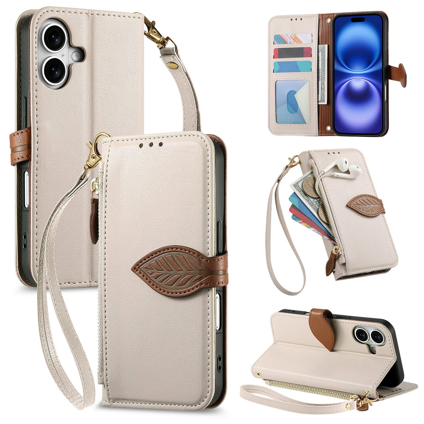 Leather Flip Phone Case with Leaf Design, Wrist Strap and Zipper Closure for iPhone 16