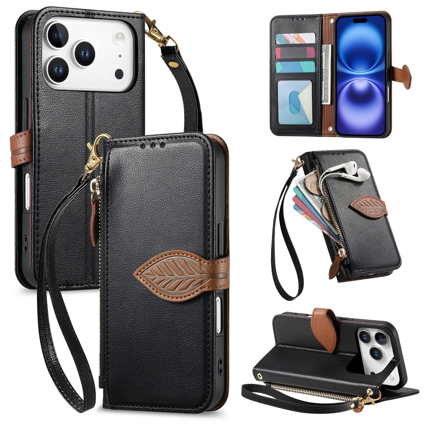 Leather Flip Phone Case with Leaf Design, Wrist Strap and Zipper Closure for iPhone 17 Pro