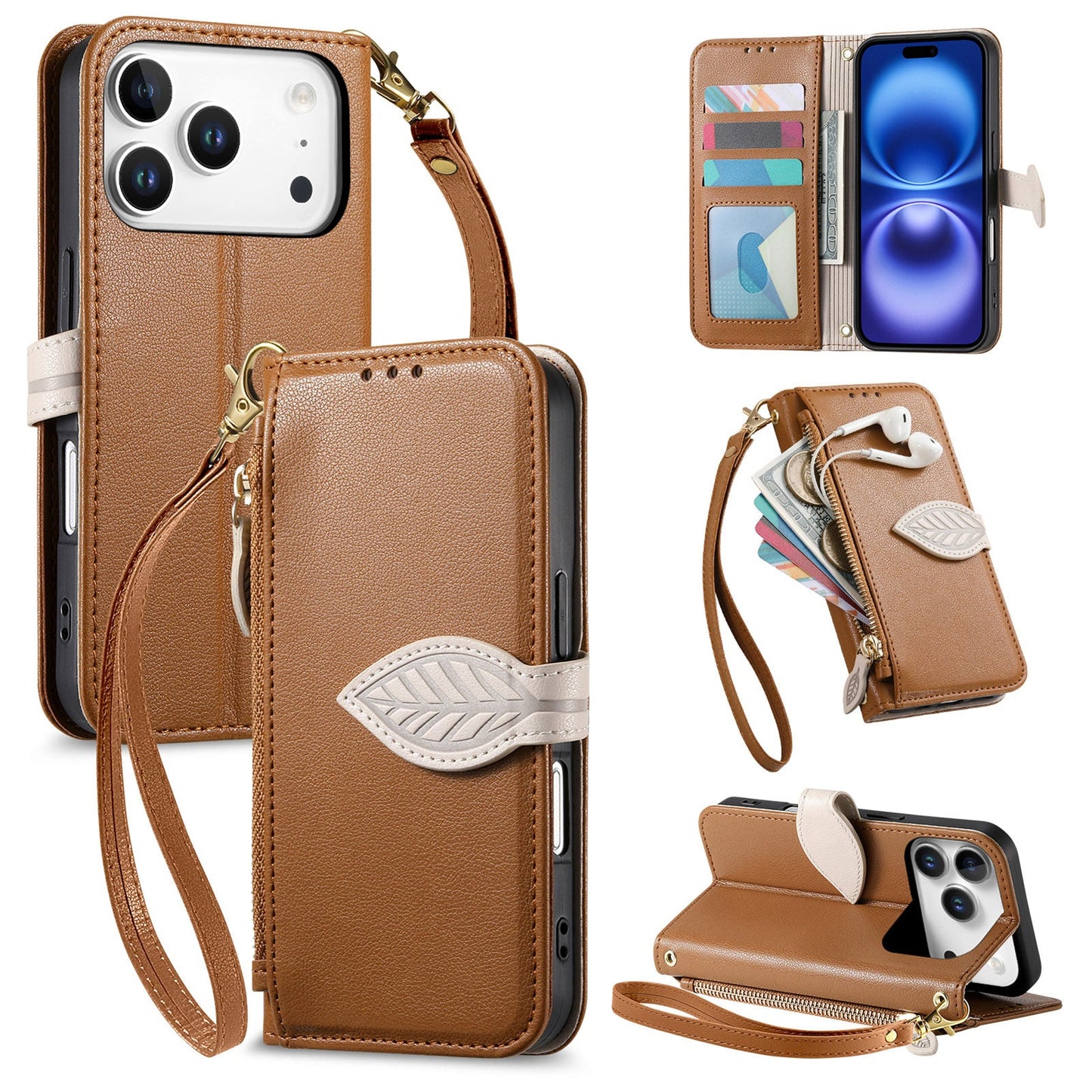 Leather Flip Phone Case with Leaf Design, Wrist Strap and Zipper Closure for iPhone 17 Pro Max