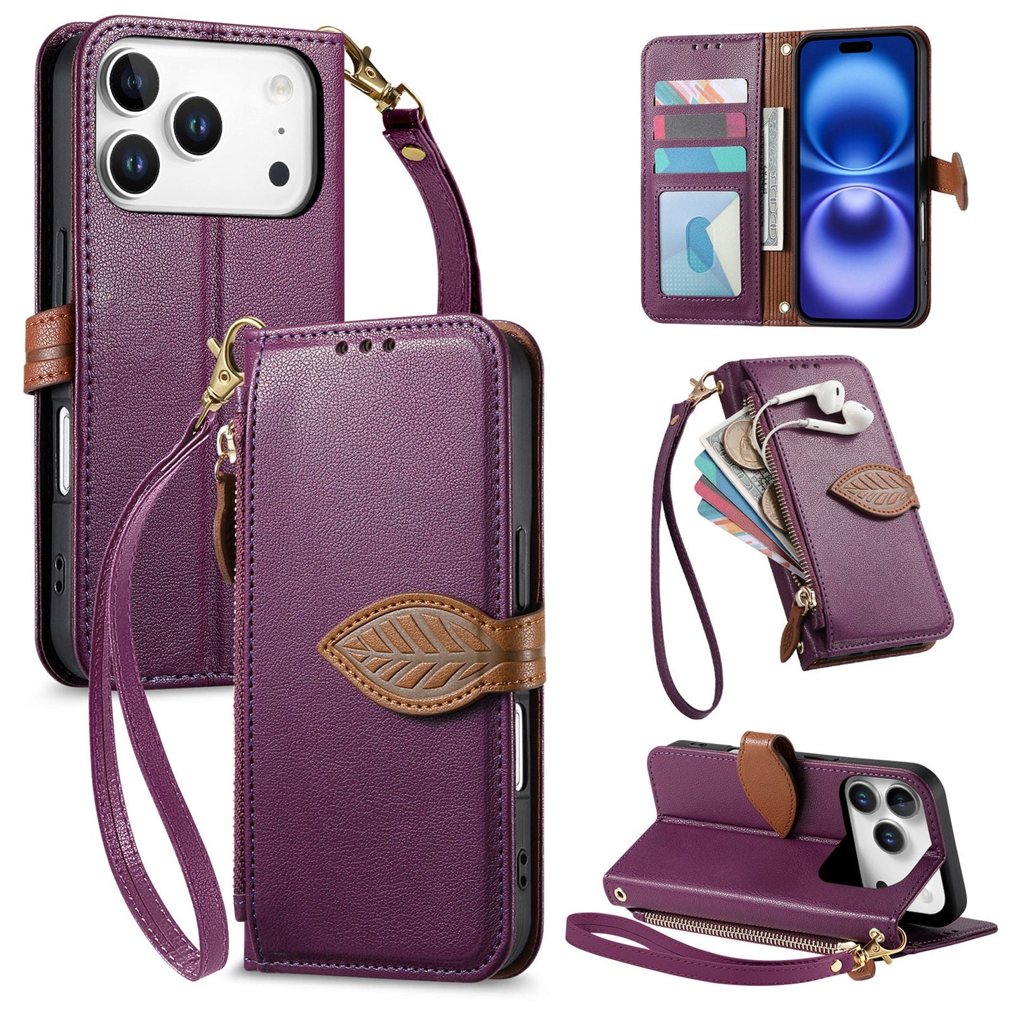 Leather Flip Phone Case with Leaf Design, Wrist Strap and Zipper Closure for iPhone 17 Pro