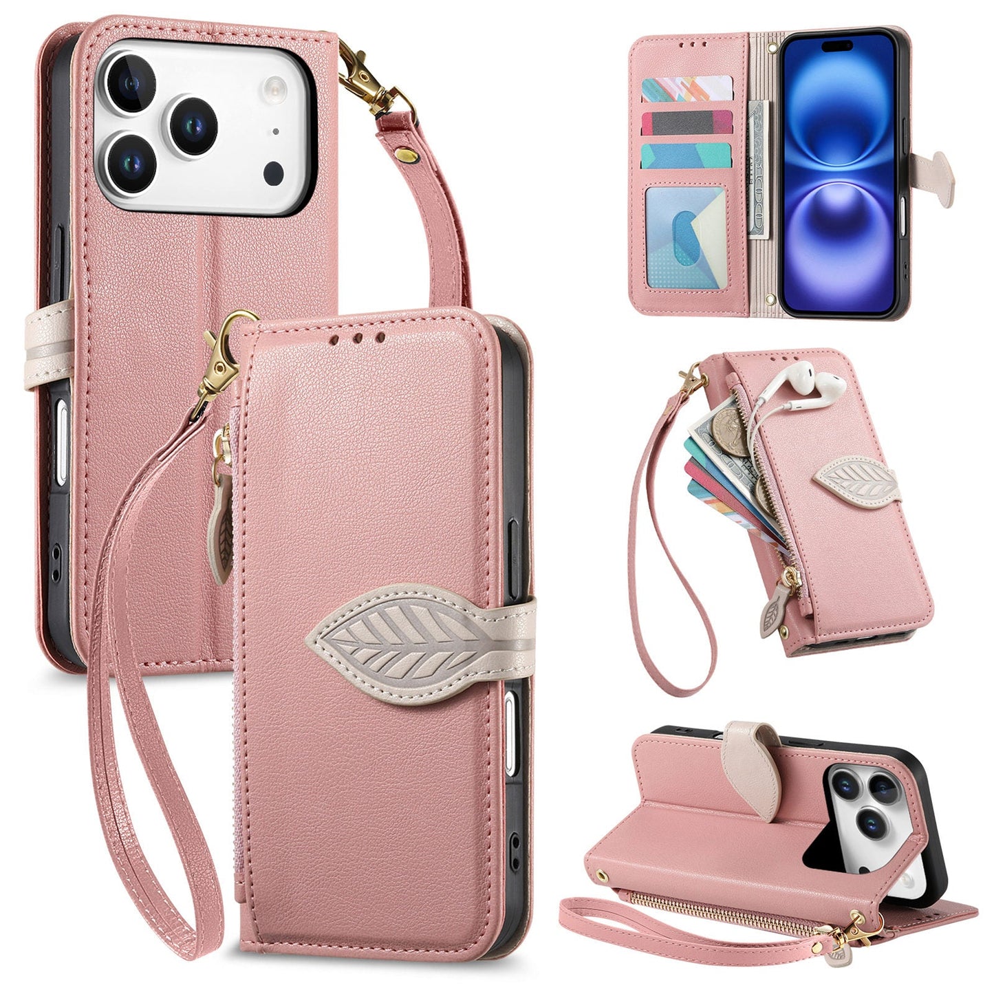 Leather Flip Phone Case with Leaf Design, Wrist Strap and Zipper Closure for iPhone 17 Pro