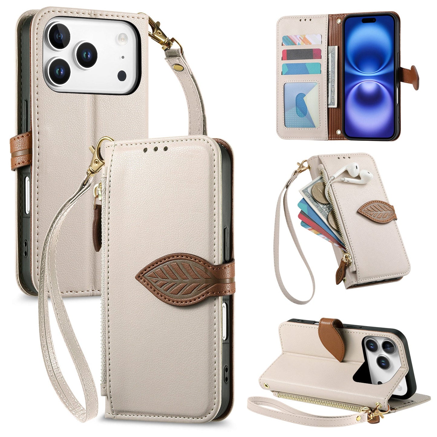 Leather Flip Phone Case with Leaf Design, Wrist Strap and Zipper Closure for iPhone 17 Pro Max