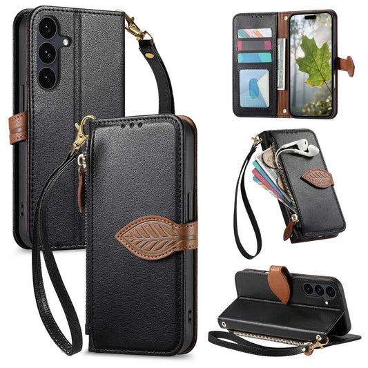 Leather Flip Phone Case with Leaf Design, Wrist Strap and Zipper Closure for Samsung Galaxy S21