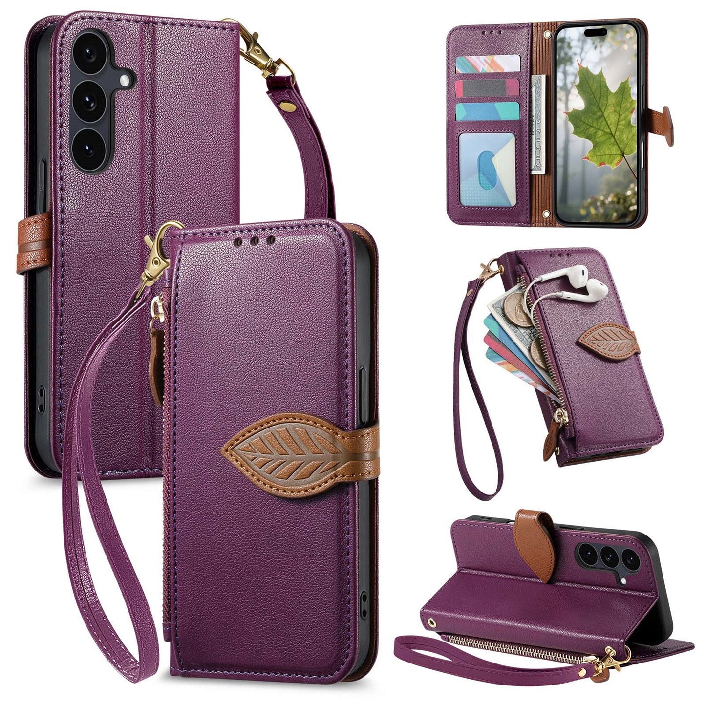 Leather Flip Phone Case with Leaf Design, Wrist Strap and Zipper Closure for Samsung Galaxy S21