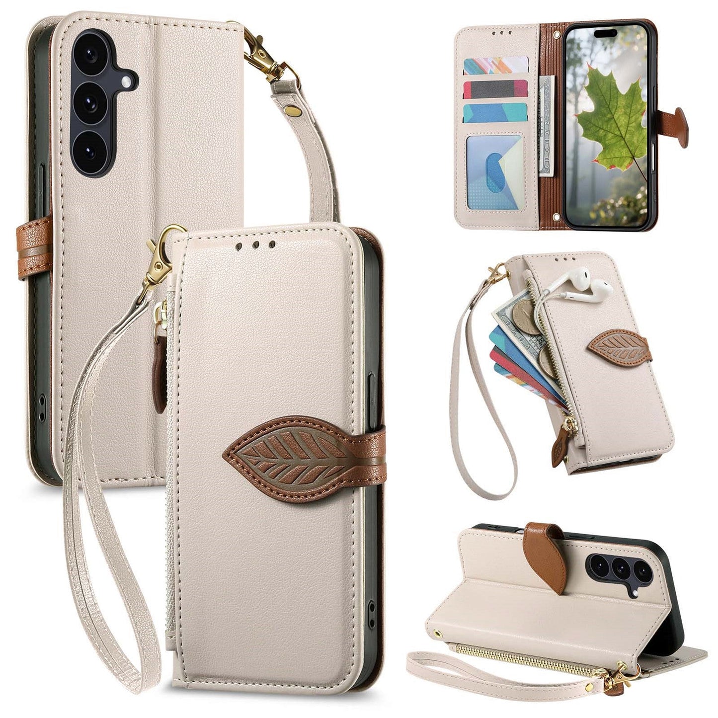 Leather Flip Phone Case with Leaf Design, Wrist Strap and Zipper Closure for Samsung Galaxy S22+