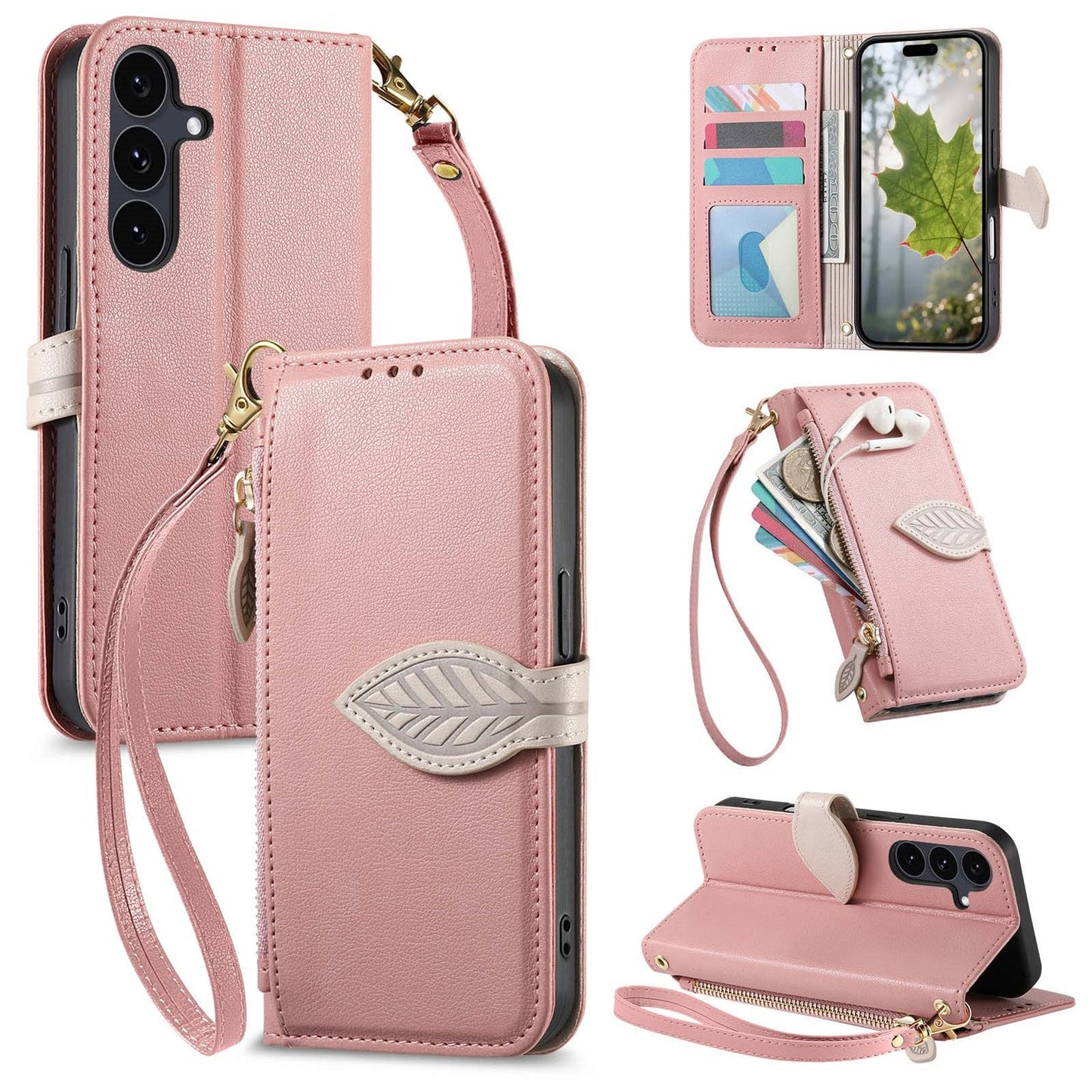 Leather Flip Phone Case with Leaf Design, Wrist Strap and Zipper Closure for Samsung Galaxy S23