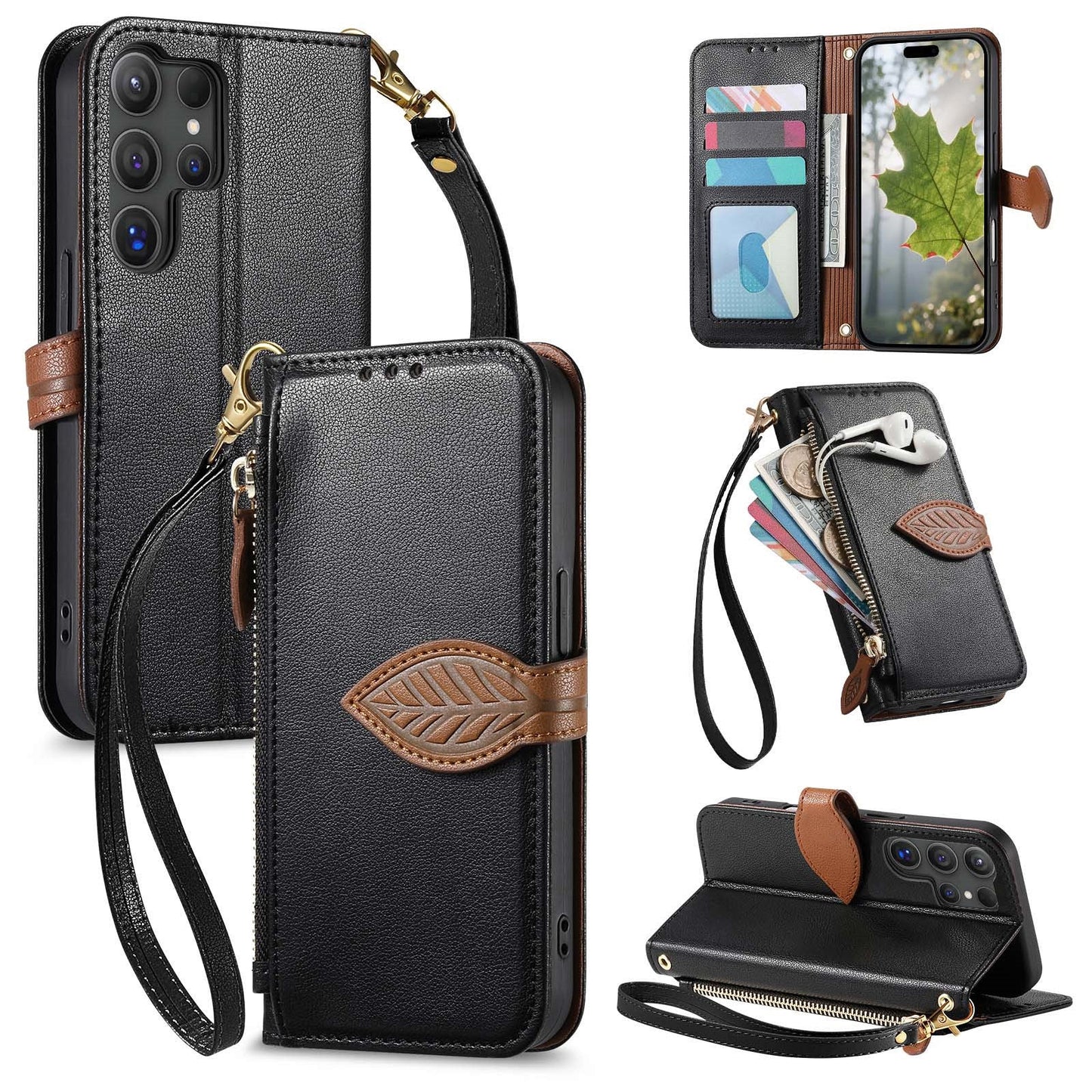 Leather Flip Phone Case with Leaf Design, Wrist Strap and Zipper Closure for Samsung Galaxy S22 Ultra