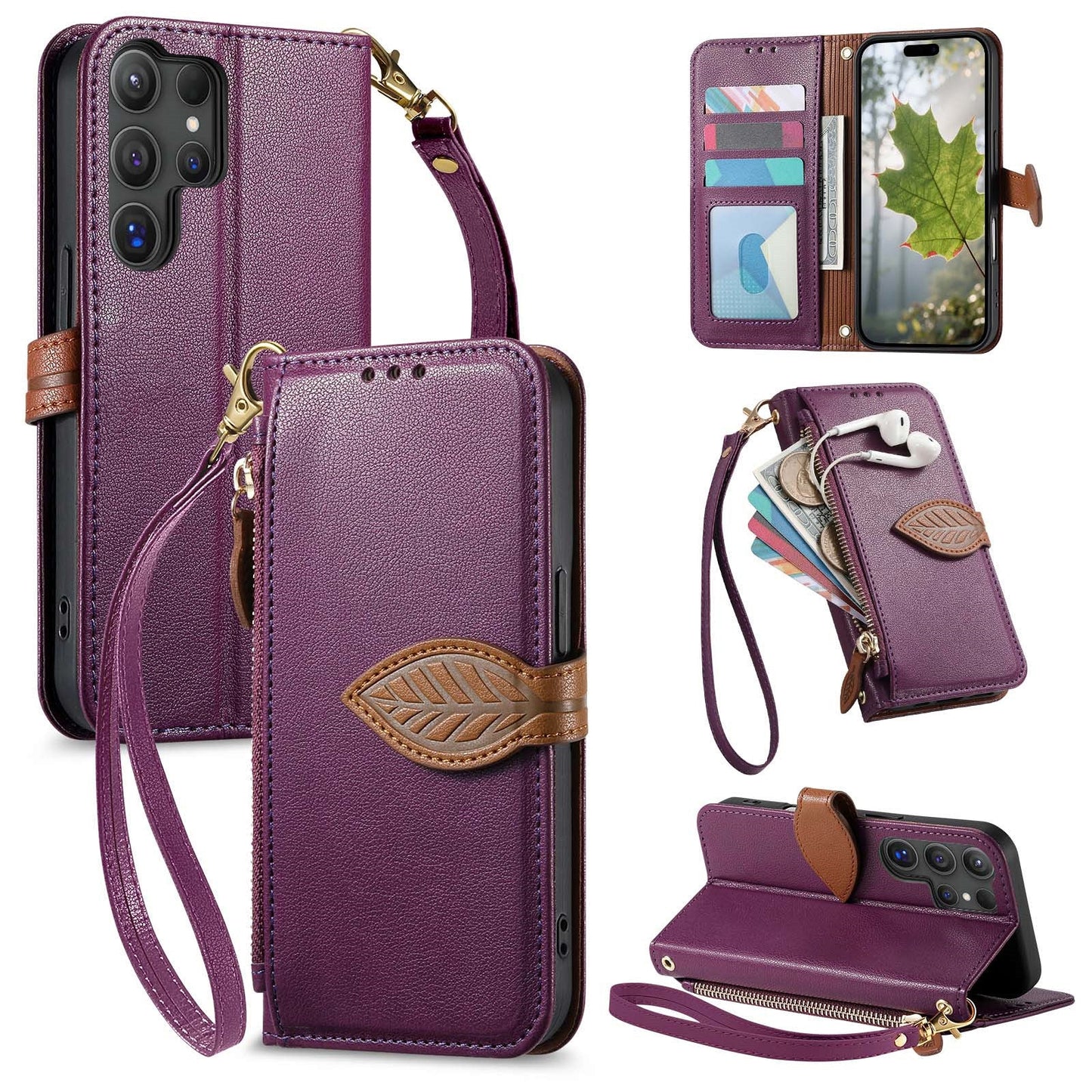 Leather Flip Phone Case with Leaf Design, Wrist Strap and Zipper Closure for Samsung Galaxy S25 Ultra