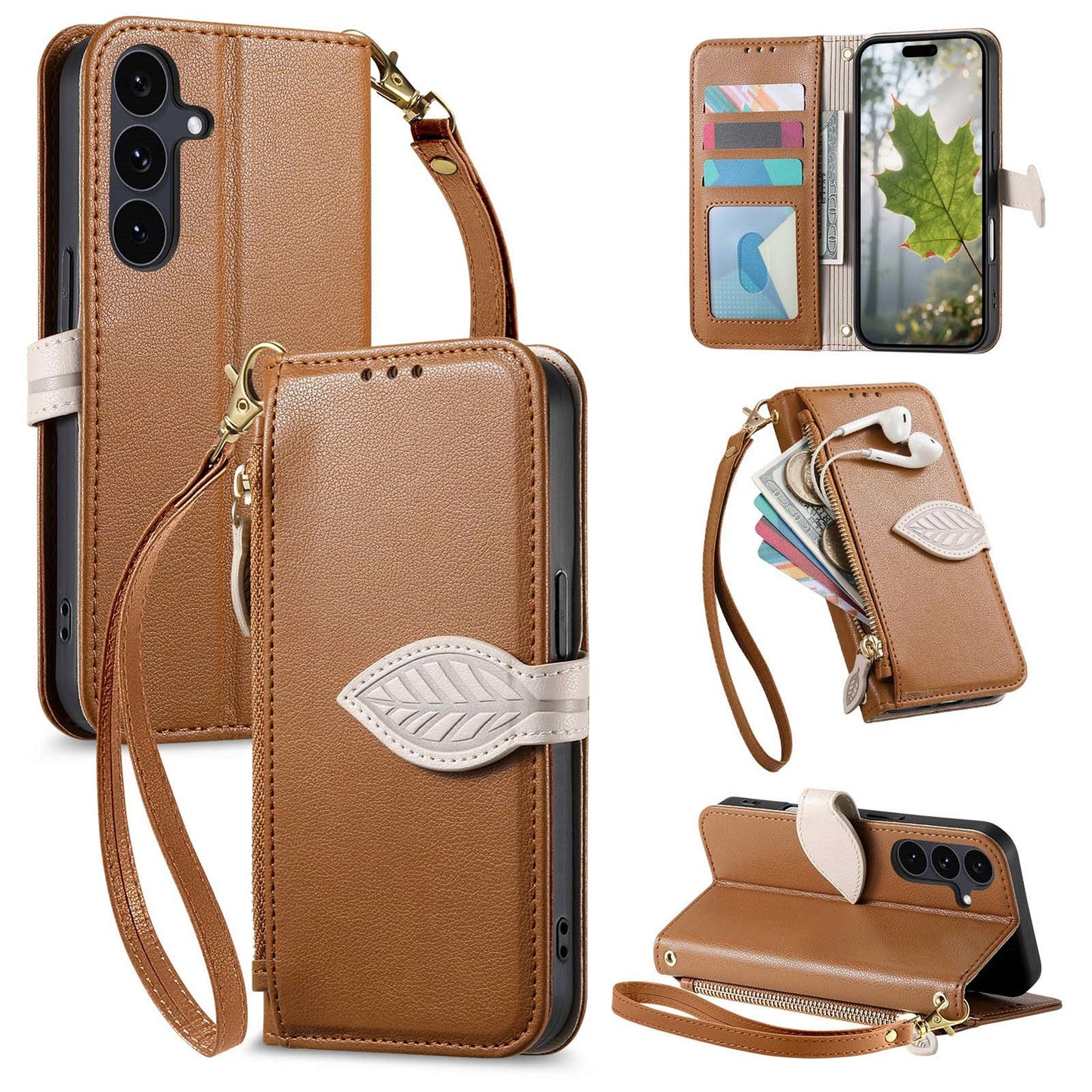 Leather Flip Phone Case with Leaf Design, Wrist Strap and Zipper Closure for Samsung Galaxy A14