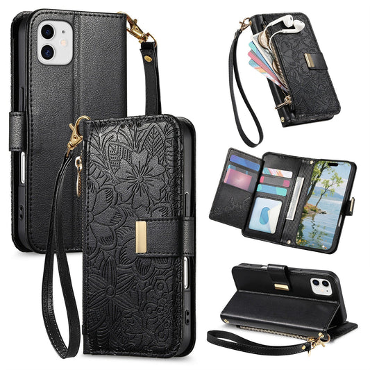 Embossed Floral & Leaf Zipper Wallet Phone Case for iPhone 12 Mini