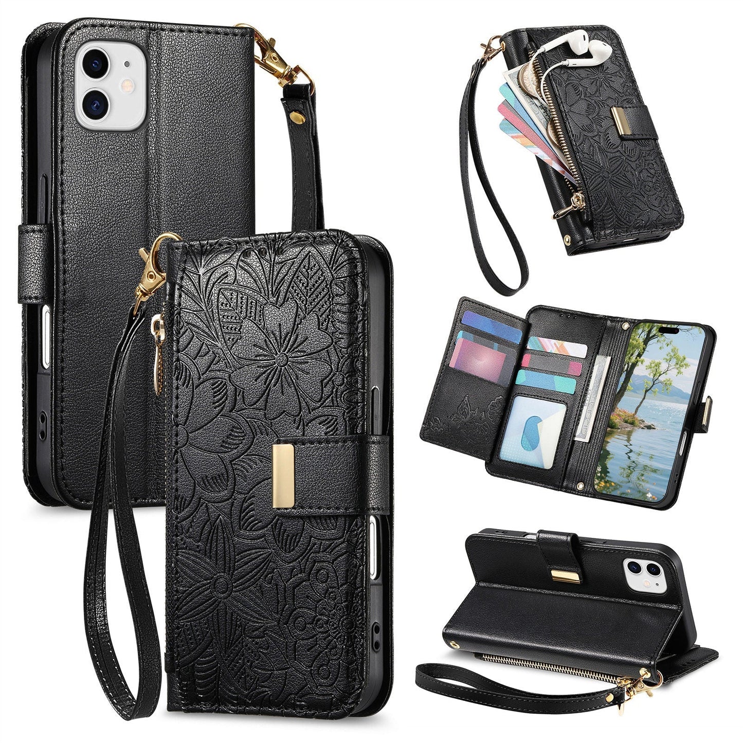 Embossed Floral & Leaf Zipper Wallet Phone Case for iPhone 12